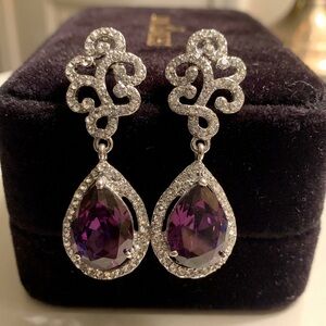 Silver-Tone Purple CZ Teardrop Halo Dangle Earrings
